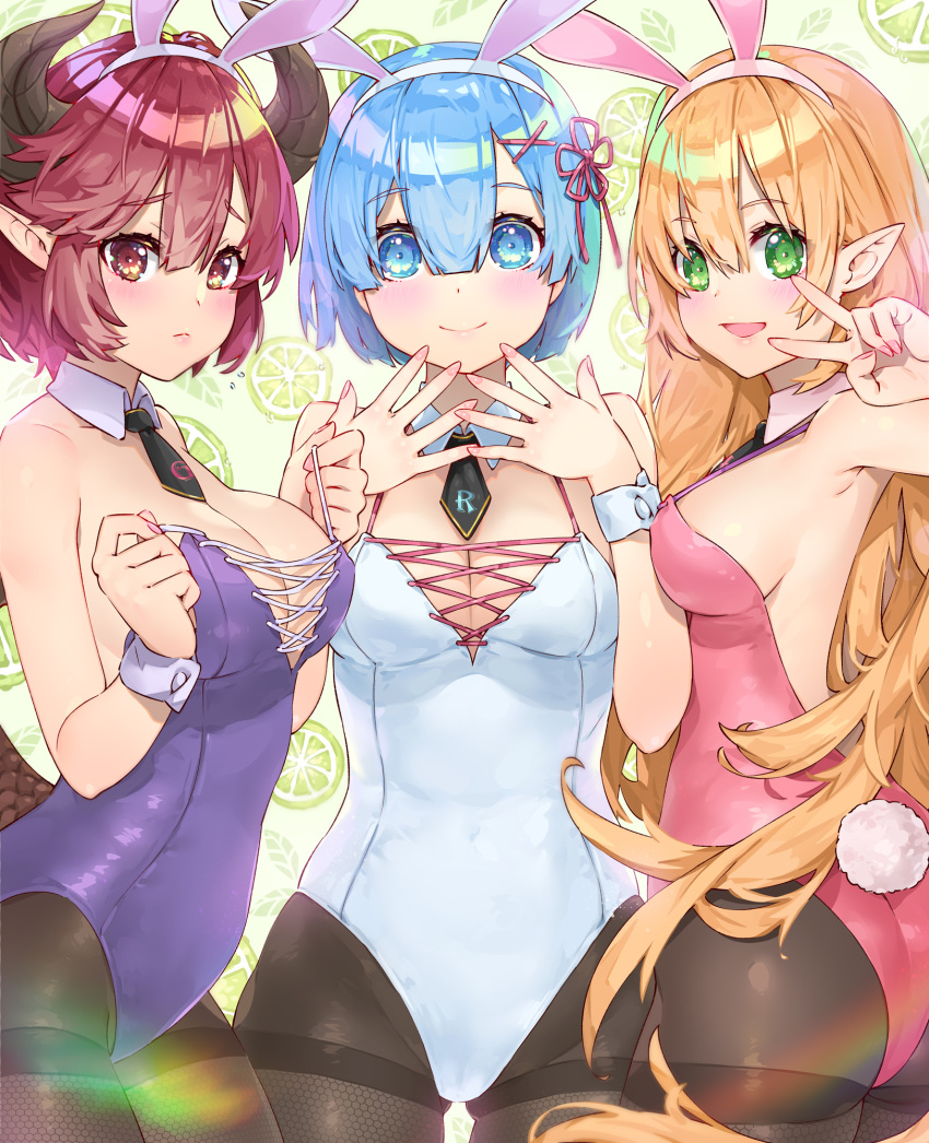 3girls :d animal_ears arisa_(shadowverse) armpit_peek ass black_necktie blonde_hair blue_eyes blue_hair blunt_bangs blush breasts cleavage closed_mouth commentary_request cowboy_shot cross-laced_clothes crossover detached_collar dragon_girl dragon_horns dragon_tail embarrassed fake_animal_ears fake_tail fingernails fishnet_legwear fishnets food food-themed_background from_side frown fruit grea_(shingeki_no_bahamut) green_background green_eyes hair_between_eyes hair_ornament hair_ribbon hairband hand_up hands_up highres horns large_breasts leaf leaf_background leotard light_smile lime_(fruit) long_fingernails long_hair looking_at_viewer looking_back manaria_friends multiple_girls nail_polish necktie open_mouth pantyhose parted_bangs photoshop_(medium) pink_hairband pink_leotard pink_nails pink_ribbon playboy_bunny pointy_ears princess_connect! pulling_own_clothes purple_eyes purple_hair purple_leotard rabbit_ears rabbit_tail raised_eyebrows re:zero_kara_hajimeru_isekai_seikatsu rem_(re:zero) ribbon scales shadowverse shingeki_no_bahamut short_hair short_necktie sideboob smile standing strap_pull tail thighband_pantyhose twisted_torso v very_long_hair waterring white_hairband white_leotard x_hair_ornament