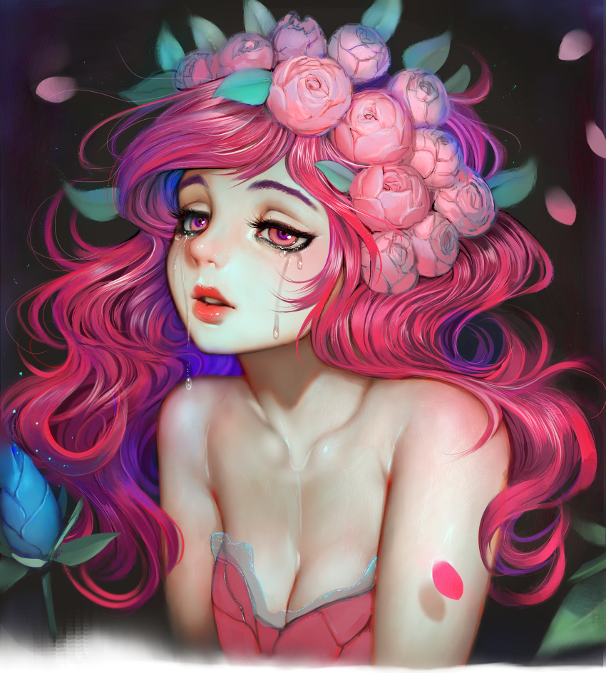 1girl absurdres bare_shoulders breasts cleavage crying crying_with_eyes_open dark_background dress face flower hair_flower hair_ornament highres lips long_hair medium_breasts original parted_lips petals pink_eyes pink_hair randy_(awesomevillage) solo strapless strapless_dress tears upper_body wavy_hair