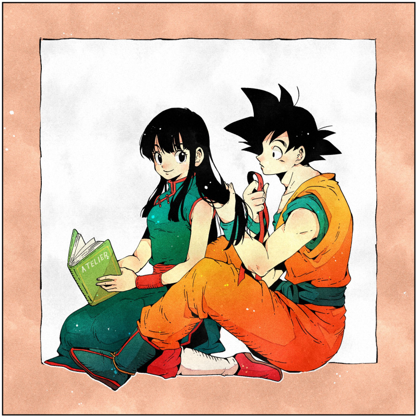 1boy 1girl bangs bare_arms bare_shoulders black_eyes black_hair blue_footwear blunt_bangs book boots border chi-chi_(dragon_ball) china_dress chinese_clothes couple dougi dragon_ball dragon_ball_(classic) dress expressionless fingernails grey_background hair_tie hand_in_another's_hair happy hetero highres hime_cut holding holding_book light_particles long_hair looking_at_another looking_back open_book pink_border profile red_footwear sidelocks simple_background sitting sleeveless sleeveless_dress smile son_gokuu spiked_hair straight_hair toritoki_(trig_tkdb) tying_hair wariza wristband