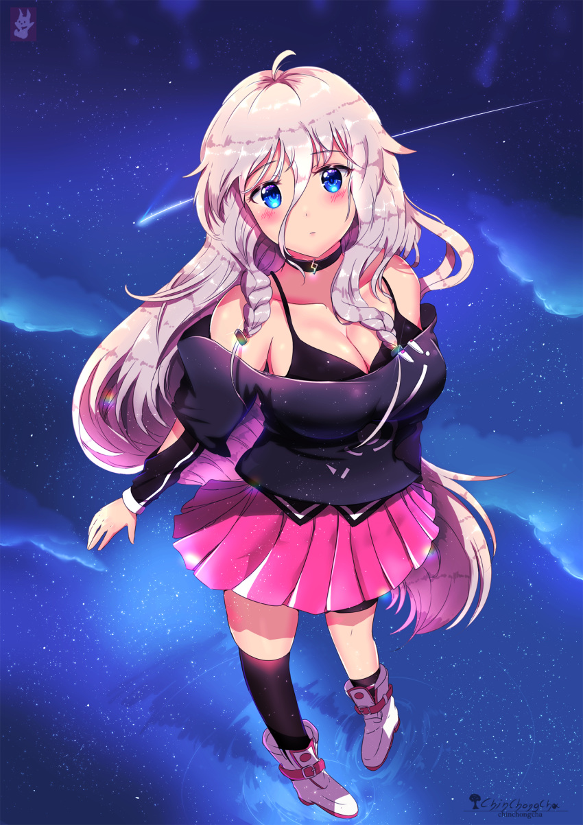 1girl asymmetrical_legwear bare_shoulders black_bra black_choker black_legwear black_shirt blonde_hair blue_eyes blush boots bra braid breasts chinchongcha choker cleavage full_body high_heel_boots high_heels highres ia_(vocaloid) jewelry long_hair looking_at_viewer medium_breasts necklace night night_sky pink_skirt pleated_skirt reflection shirt shooting_star signature skirt sky socks solo standing star starry_background thighhighs twin_braids underwear very_long_hair vocaloid white_footwear