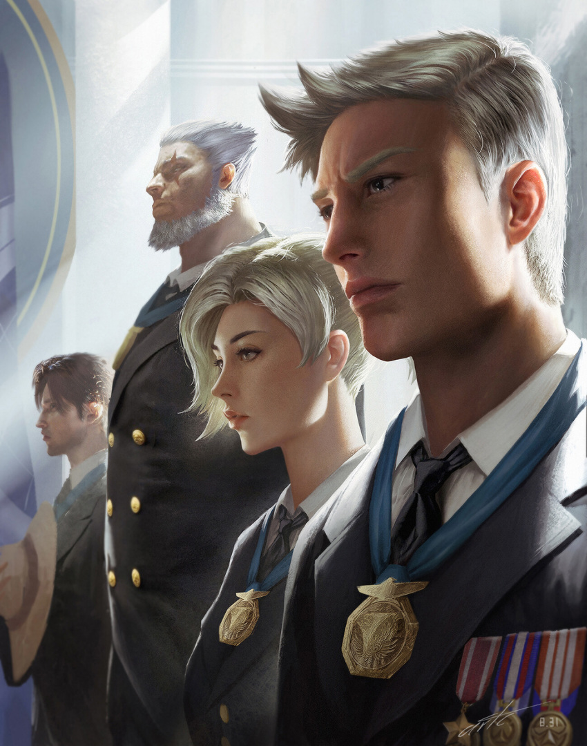 1girl 3boys beard blonde_hair brown_hair contemporary eyelashes facial_hair formal grey_hair hat_on_chest highres lips mccree_(overwatch) medal mercy_(overwatch) military military_uniform multiple_boys necktie nose overwatch realistic reinhardt_(overwatch) scar scar_across_eye sidelighting signature soldier:_76_(overwatch) suit uniform upper_body wang_chen