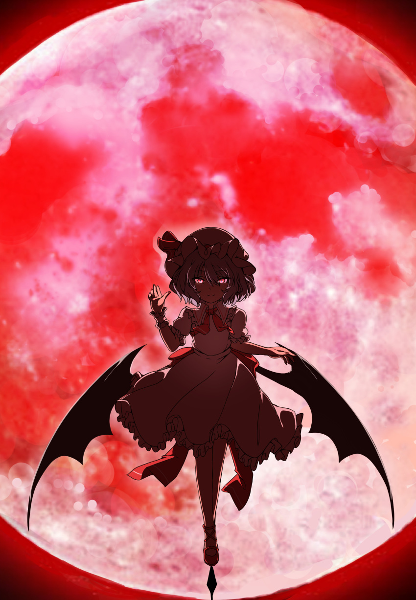 1girl absurdres arm_at_side backlighting balancing bangs bat_wings bow collared_dress commentary_request dress evil_smile eyebrows_visible_through_hair fingernails frilled_dress frilled_sleeves frills full_body glowing glowing_eyes gokuu_(acoloredpencil) hair_between_eyes half-closed_eyes hand_up hat hat_ribbon highres low_wings mary_janes mob_cap moon neck_ribbon outdoors outstretched_arm outstretched_hand puffy_short_sleeves puffy_sleeves red_bow red_footwear red_moon red_ribbon red_theme remilia_scarlet ribbon sash shoes short_hair short_sleeves slit_pupils smile solo standing standing_on_one_leg touhou wings wrist_cuffs