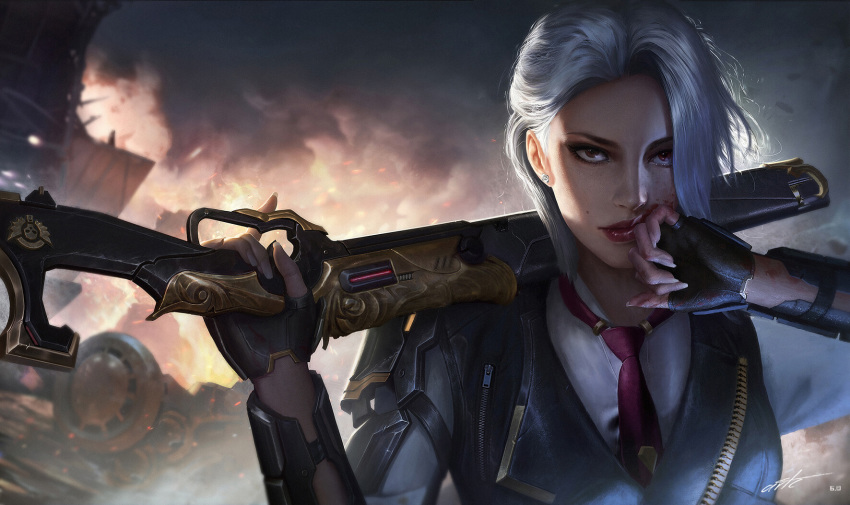 1girl ashe_(overwatch) asymmetrical_hair blood blood_on_face cloud cloudy_sky commentary dated earrings fingerless_gloves gloves gun highres jewelry lever_action lips lipstick looking_at_viewer makeup mole mole_above_mouth necktie nose over_shoulder overwatch realistic red_lipstick rifle sidelighting signature single_pauldron sky solo trigger_discipline upper_body vest wang_chen weapon weapon_over_shoulder white_hair wiping_face
