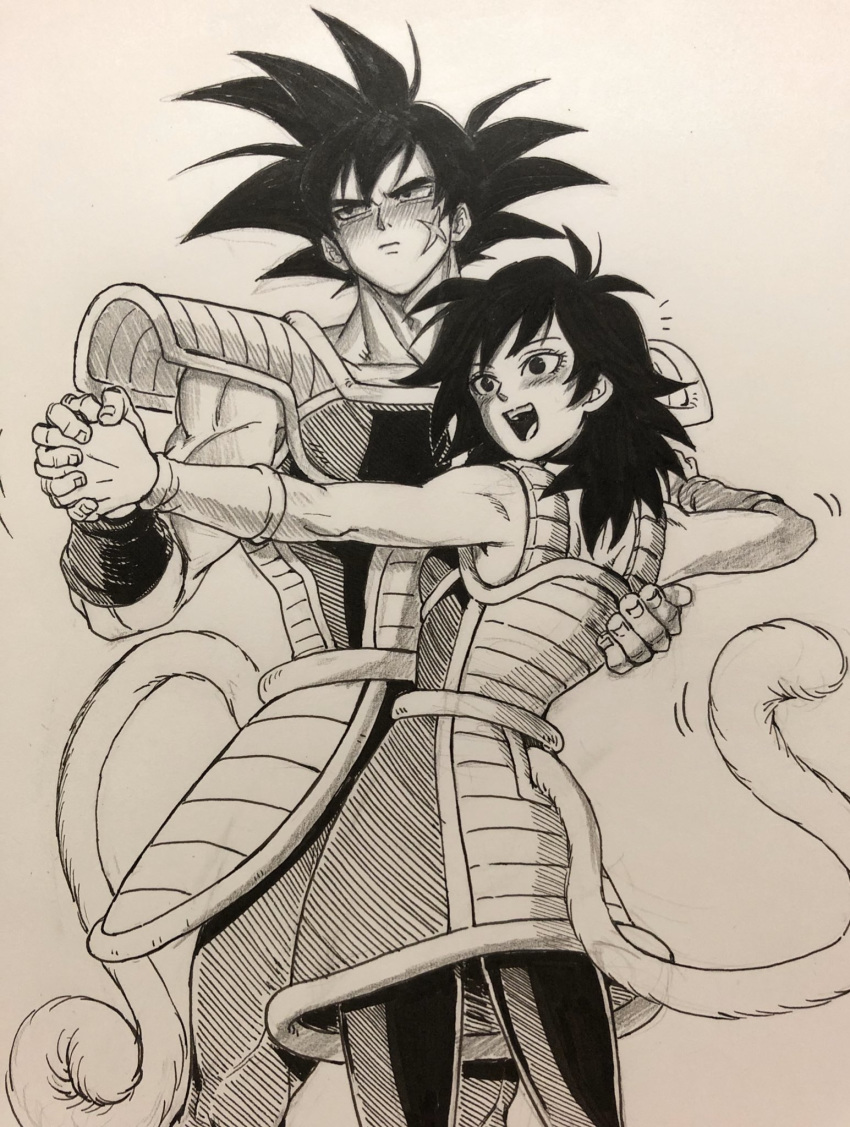 /\/\/\ 1boy 1girl :d armor bardock black_eyes black_hair black_legwear blush commentary couple dancing dragon_ball dragon_ball_minus embarrassed eyelashes facial_scar feet_out_of_frame fingernails gine hand_on_another's_back hands_clasped happy height_difference hetero highres interlocked_fingers looking_away monkey_tail muscle open_mouth own_hands_together pantyhose pectorals scar scar_on_cheek simple_background skirt smile spiked_hair standing surprised symbol_commentary tail teeth tongue upper_teeth white_background wristband yse5959