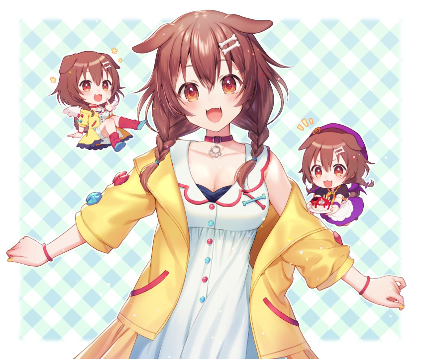 1girl :3 angel_wings animal_ears apron bare_shoulders beret birthday_cake blush bone_hair_ornament breasts brown_eyes brown_hair cake chef_uniform chibi cleavage collar collarbone demon_wings dog_ears dog_girl dog_tail dress fang fangs finger_to_cheek fingers food hair_between_eyes happy hat highres holding_cake hololive inugami_korone jacket large_breasts looking_at_viewer loose_socks low_twin_braids maid_apron medium_hair momoshiki_tsubaki multiple_views off-shoulder_dress off_shoulder open_mouth orange_ribbon outstretched_arms puffy_short_sleeves puffy_sleeves purple_headwear red_collar ribbon shoes short_sleeves sleeveless sleeveless_dress striped striped_background tail upper_body virtual_youtuber white_dress wings wristband yellow_jacket