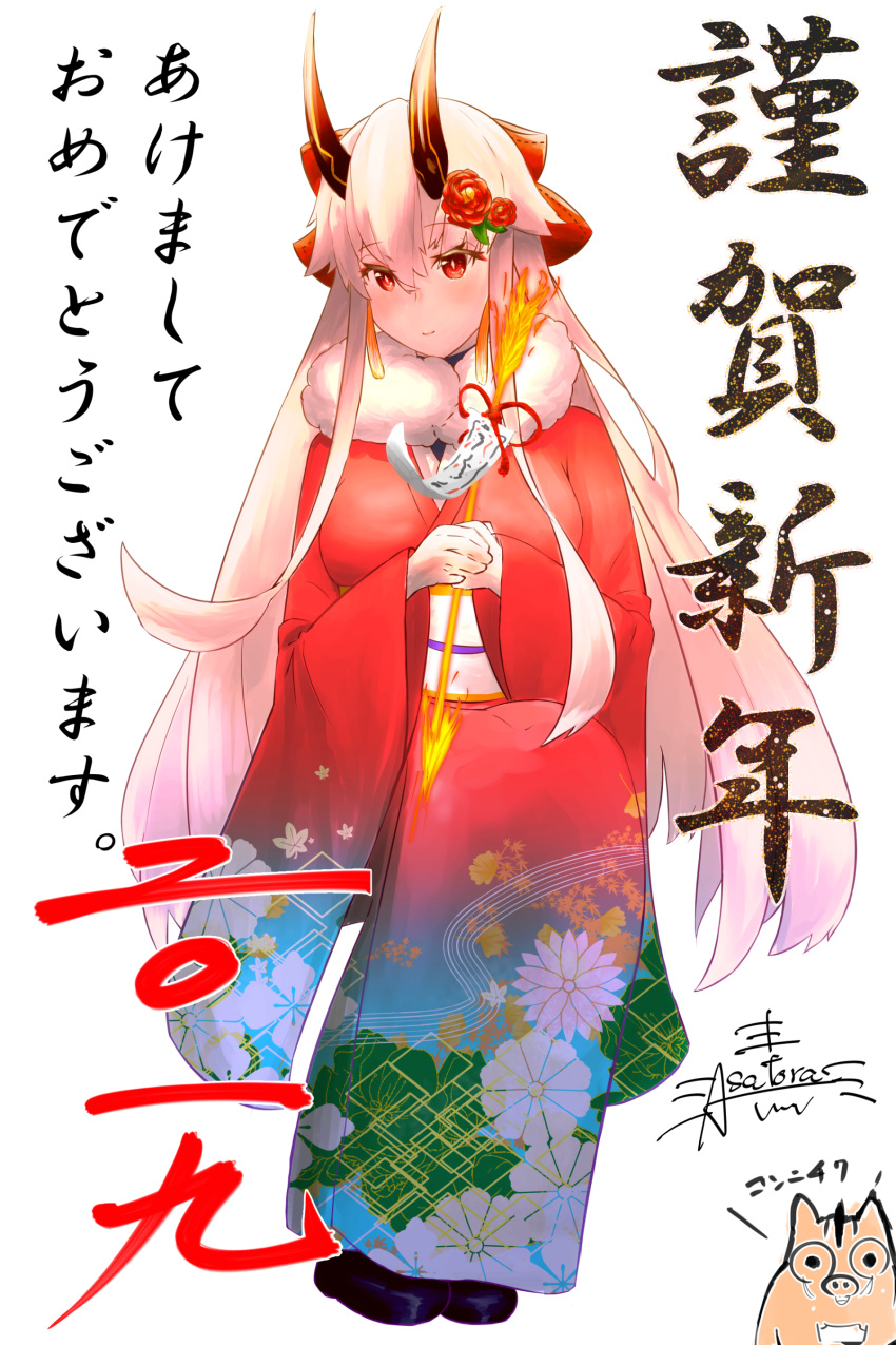 1girl absurdres arrow asagiri_shuuko black_footwear blush bow commentary_request earrings fate/grand_order fate_(series) fire flaming_arrow floral_print flower fur-trimmed_kimono fur_trim hair_bow hair_flower hair_ornament highres holding_arrow japanese_clothes jewelry kimono light_smile long_hair looking_at_viewer obi oni_horns pink_hair red_bow red_eyes red_flower red_horns red_kimono red_rose rose sash sidelocks signature sitting solo tomoe_gozen_(fate/grand_order) translation_request very_long_hair white_background