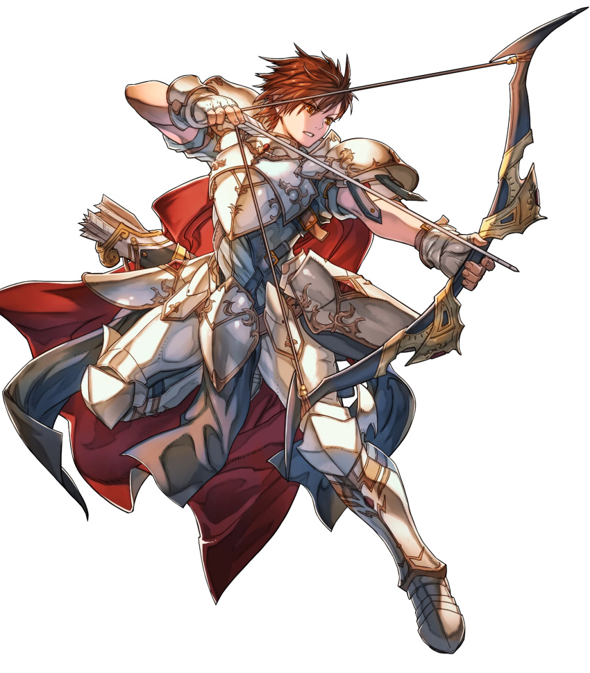 1boy alternate_costume armor armored_boots arrow boots bow_(weapon) brown_hair cape fingerless_gloves fire_emblem fire_emblem:_genealogy_of_the_holy_war fire_emblem:_thracia_776 fire_emblem_heroes full_body gloves highres hino_shinnosuke leif_(fire_emblem) male_focus official_art orange_eyes quiver solo teeth transparent_background weapon