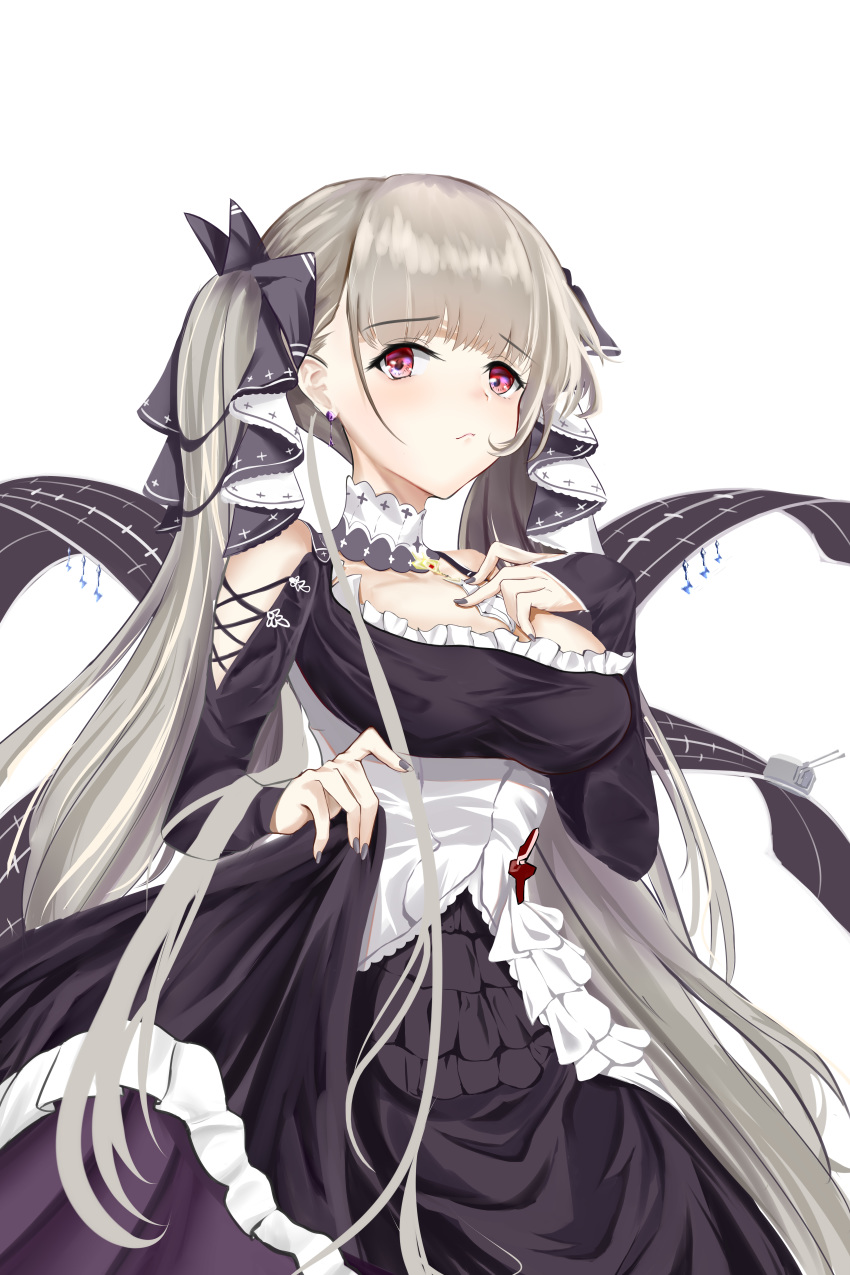 1girl absurdres azur_lane bangs bare_shoulders black_nails blush breasts cleavage dress eyebrows_visible_through_hair flight_deck formidable_(azur_lane) frilled_dress frilled_ribbon frills hair_between_eyes hair_ribbon highres jewelry kulayueyue large_breasts long_hair long_skirt nail_polish platinum_blonde_hair ribbon rigging skirt skirt_lift solo twintails two-tone_dress two-tone_ribbon very_long_hair white_background