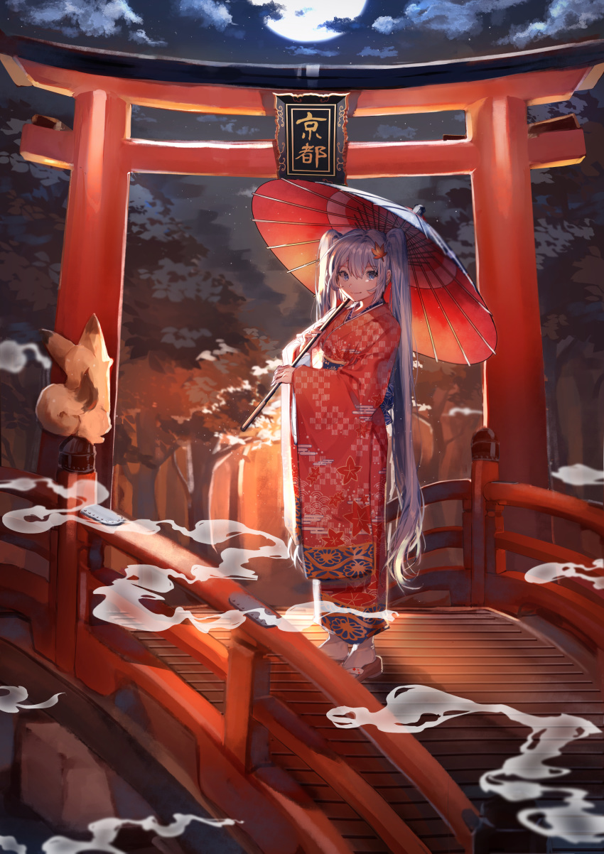 1girl absurdres blue_eyes blue_hair bridge checkered checkered_kimono cloud cloudy_sky commentary egasumi floral_print forest fox full_body full_moon geta hair_ornament hatachi8p hatsune_miku highres holding holding_umbrella japanese_clothes kimono kyoto leaf leaf_hair_ornament long_hair looking_at_viewer maple_leaf moon nature night night_sky oriental_umbrella plaque red_kimono sky smile socks standing torii translated twintails umbrella very_long_hair vocaloid