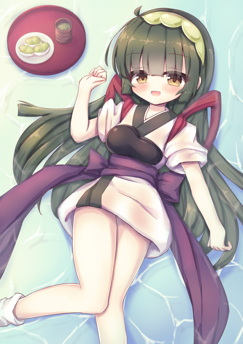 1girl :d absurdres bangs blush bow brown_eyes cup eyebrows_visible_through_hair feet_out_of_frame food green_hair green_hairband hair_between_eyes hairband hand_up highres japanese_clothes kimono knees_together_feet_apart long_hair looking_at_viewer lying muneate on_back open_mouth plate purple_bow short_kimono short_sleeves smile socks solo tasuki tea touhoku_zunko tray very_long_hair voiceroid waste_(arkaura) white_kimono white_legwear yunomi