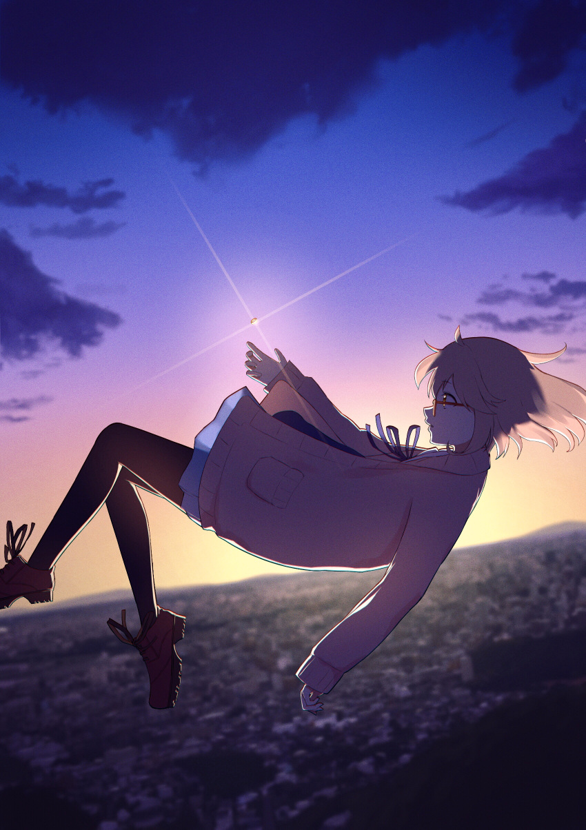 1girl absurdres backlighting black_legwear blue_skirt blurry blurry_background brown_cardigan brown_eyes brown_hair cardigan cityscape depth_of_field falling from_side full_body glasses glint gradient_sky highres jewelry kuriyama_mirai kyoukai_no_kanata long_sleeves matarasu_(aaaaaaaaj) miniskirt open_cardigan open_clothes pantyhose parted_lips red-framed_eyewear red_footwear ring shoes short_hair skirt sky sleeves_past_wrists solo twilight