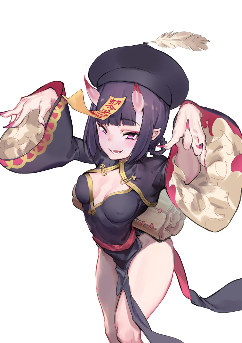 1girl absurdres atorosu bangs black_dress blush braid breasts china_dress chinese_clothes cleavage_cutout dress eyeliner fate/grand_order fate_(series) fingernails hair_rings hands_up hat heroic_spirit_festival_outfit highres horns jiangshi long_sleeves looking_at_viewer makeup ofuda oni oni_horns open_mouth outstretched_arms peacock_feathers pelvic_curtain pointy_ears purple_eyes purple_hair qing_guanmao sash sharp_fingernails short_eyebrows short_hair shuten_douji_(fate/grand_order) side_slit skin-covered_horns small_breasts smile solo thighs wide_sleeves zombie_pose