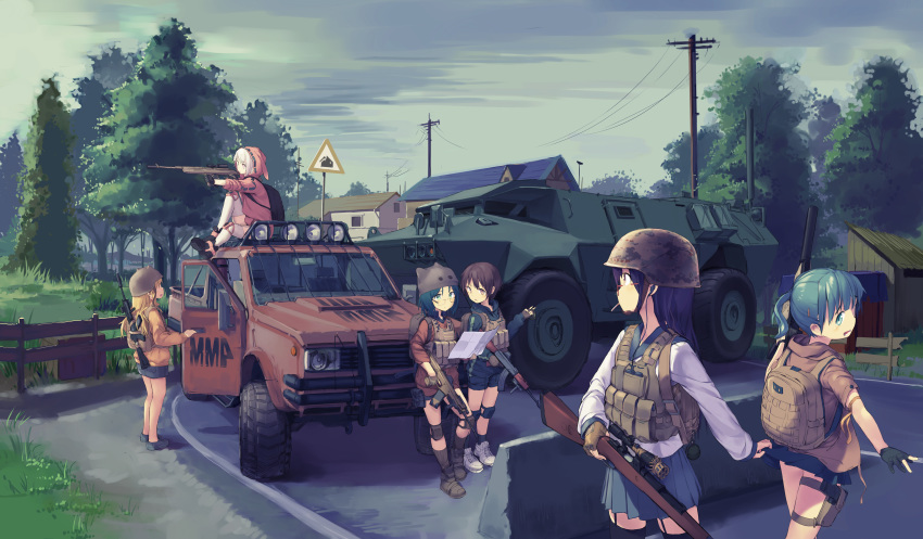 6+girls absurdres aiming ak-47 animal_hat armored_personnel_carrier armored_vehicle assault_rifle backpack bag black_eyes blonde_hair blue_hair blush bolt_action brown_hair cigarette cloud cloudy_sky crate denim denim_skirt earbuds earphones explosive fence fingerless_gloves foregrip garter_straps glasses gloves green_eyes green_hair grenade ground_vehicle gun hair_ornament hairclip handgun hat helmet highres holding holster hood hoodie house knee_pads load_bearing_vest long_hair looking_at_another looking_back looking_to_the_side m4_carbine map military military_vehicle mouth_hold multiple_girls on_vehicle open_mouth opening_door original outdoors pink_eyes pistol pointing ponytail pouch power_lines purple_hair rifle road road_sign roadblock school_uniform scope serafuku short_hair shorts sign sitting skirt skirt_grab sky smoking suppressor surprised telephone_pole thigh_holster thigh_pouch thighhighs tree weapon weapon_request white_hair white_legwear zhongye_yu