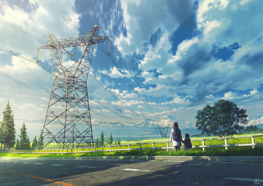 2girls age_difference backpack bag blue_sky cloud cloudy_sky commentary day facing_away from_behind grass holding_hands long_hair mocha_(cotton) multiple_girls original outdoors parent_and_child plain power_lines road scenery signature sky sunlight transmission_tower tree very_wide_shot white_coat