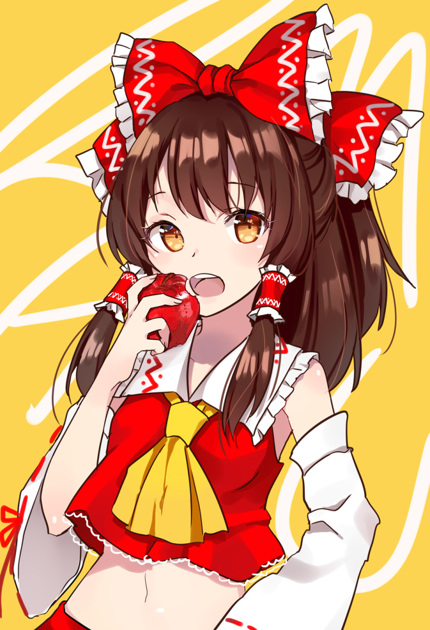 1girl apple ascot bad_apple!! bare_shoulders bow brown_hair commentary_request crop_top crop_top_overhang detached_sleeves food frilled_bow frilled_shirt_collar frills fruit goyain hair_bow hair_tubes hakurei_reimu hand_up highres holding holding_food holding_fruit long_hair long_sleeves looking_at_viewer midriff navel open_mouth orange_eyes red_bow red_shirt shirt solo stomach touhou upper_body wide_sleeves