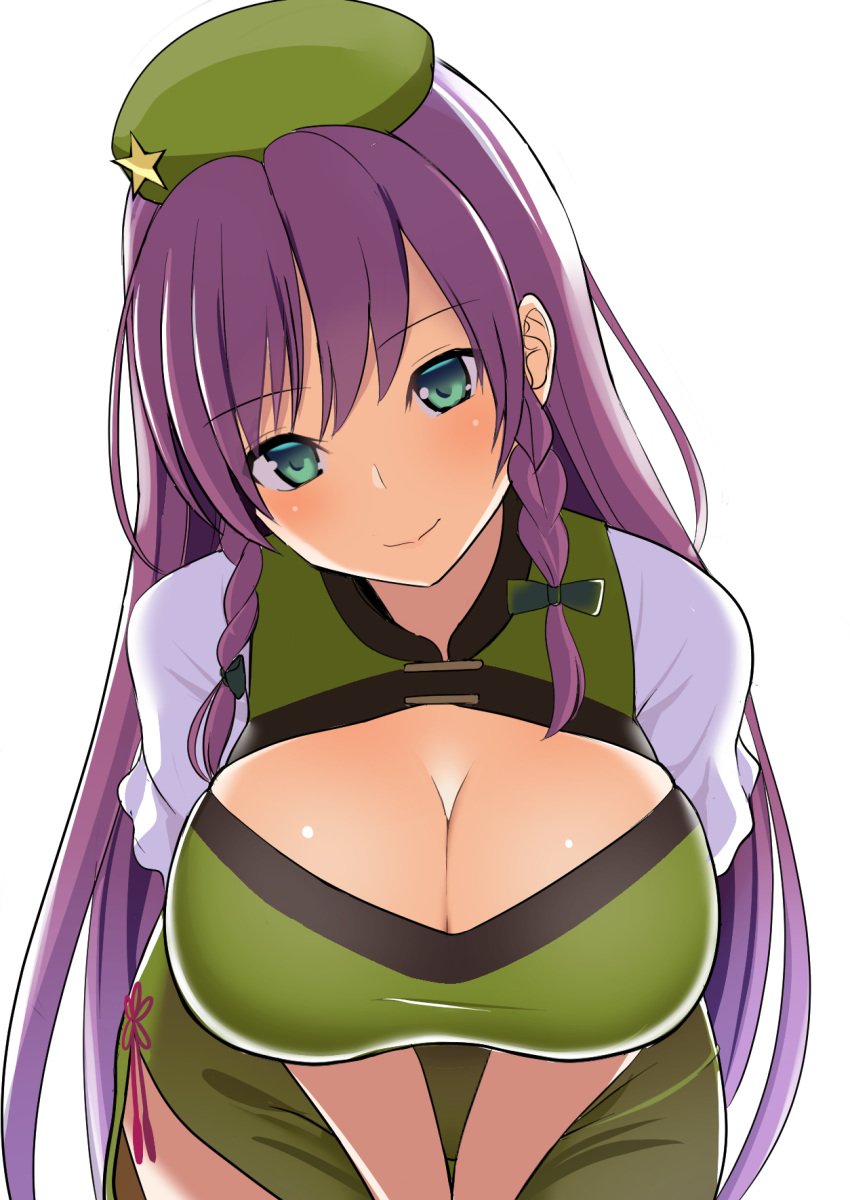 1girl alternate_hair_color amisu bangs beret black_bow blush bow braid breasts cleavage commentary_request dress eyebrows_visible_through_hair green_dress green_eyes green_headwear hair_bow hat head_tilt highres hong_meiling large_breasts leaning_forward long_hair looking_at_viewer puffy_short_sleeves puffy_sleeves purple_hair shirt short_sleeves side_slit simple_background smile solo star touhou twin_braids upper_body v_arms white_background white_shirt