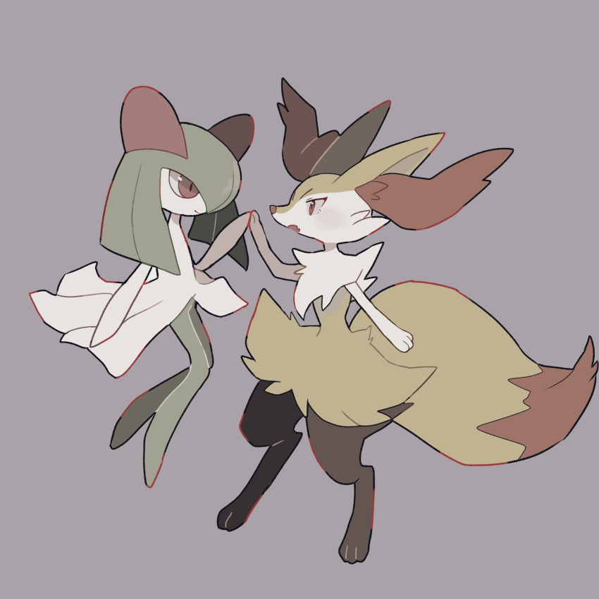 2girls animal_ear_fluff animal_ears bangs blush braixen closed_mouth commentary_request eye_contact fox_ears fox_tail full_body furry gen_3_pokemon gen_6_pokemon green_hair green_skin hair_over_one_eye hand_up happy highres holding_hands kirlia kurosuke_(krsk_8x8x) light_blush long_hair looking_at_another multiple_girls no_humans paws pokemon pokemon_(creature) purple_background red_eyes shiny shiny_hair simple_background smile standing tail two-tone_skin white_skin