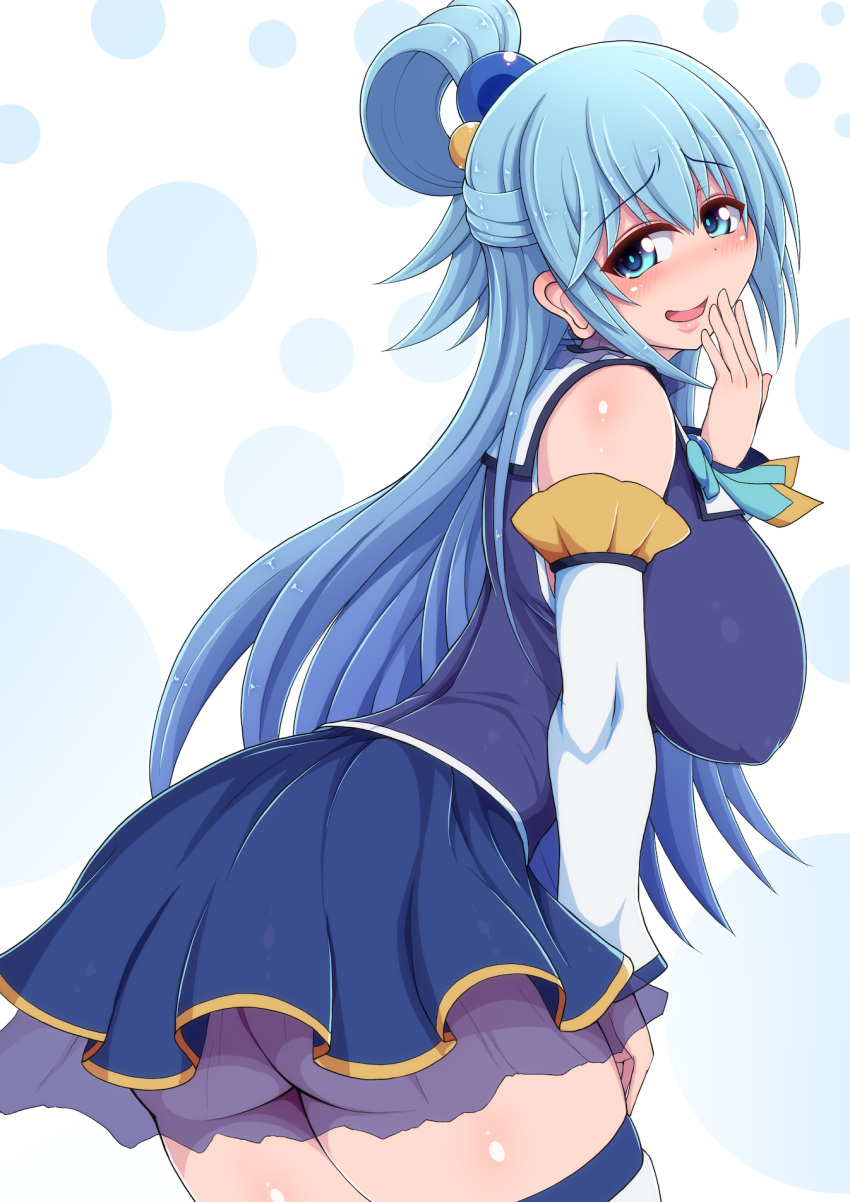 1girl aqua_(konosuba) arched_back ass bangs bare_shoulders blue_eyes blue_hair blue_ribbon blue_shirt blue_skirt blush breasts covered_nipples detached_sleeves dot_nose dotted_background doyagao from_side gradient gradient_background hair_between_eyes hair_ornament hair_rings hand_on_own_thigh hand_up hanging_breasts highres kono_subarashii_sekai_ni_shukufuku_wo! large_breasts leaning_forward legs_together lips long_hair looking_at_viewer microskirt neck_ribbon no_bra no_panties open_mouth ponpo raised_eyebrows ribbon see-through shiny shiny_hair shiny_skin shirt sidelocks skirt smile smug solo standing thick_thighs thighhighs thighs tongue white_background white_legwear