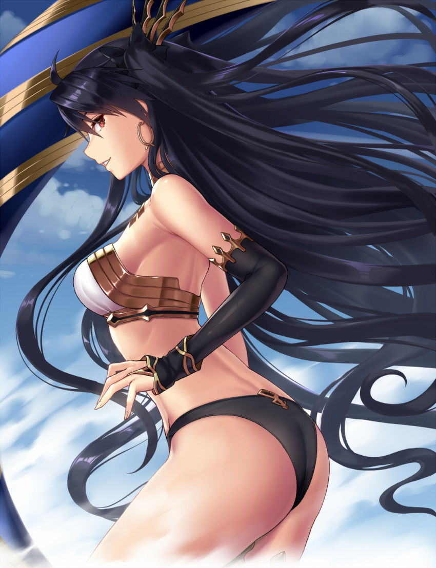 1girl armlet ass asymmetrical_sleeves back bangs bare_shoulders black_bikini_bottom black_bow blue_sky blush bow breasts commentary detached_collar earrings fate/grand_order fate_(series) hair_bow heavenly_boat_maanna highres hoop_earrings ishtar_(fate/grand_order) jewelry long_hair looking_at_viewer looking_back medium_breasts neck_ring parted_bangs parted_lips red_eyes sky smile solo takanashi-a thighs tiara two_side_up weapon white_bikini_top