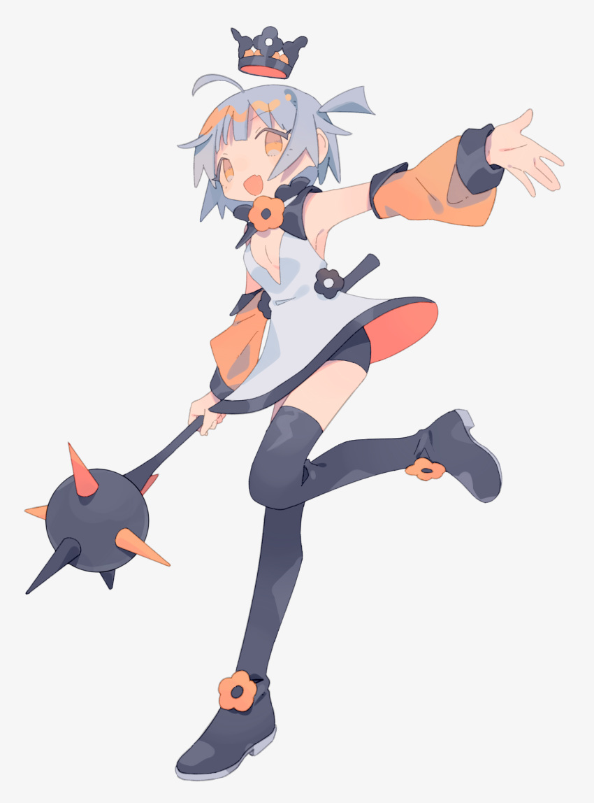 1girl :d ahoge armpits bangs black_footwear boots breasts cleavage crown daizu_(melon-lemon) detached_sleeves fang from_side full_body gradient_eyes grey_background grey_hair highres holding holding_weapon leg_lift light_brown_eyes looking_at_viewer mace mini_crown multicolored multicolored_eyes no_nose open_hand open_mouth original outstretched_arm short_hair simple_background skin_fang small_breasts smile solo spike_ball spiked_mace spikes tareme thigh_boots thighhighs weapon wide_sleeves