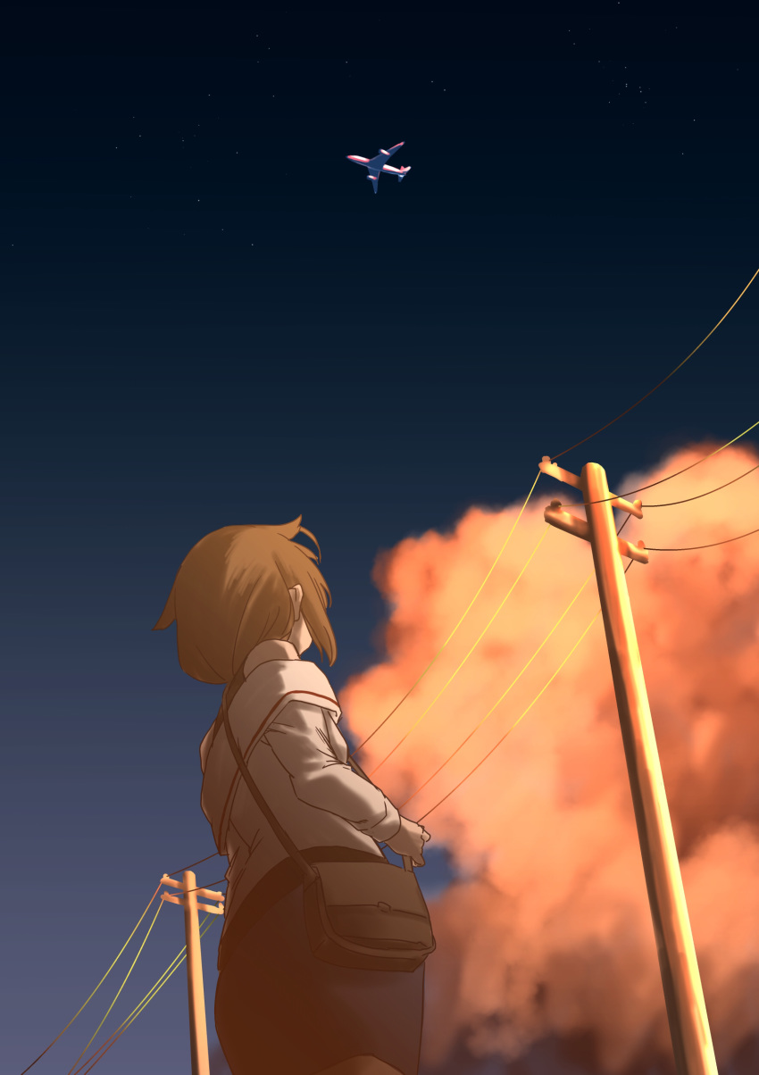 1girl absurdres ahoge aircraft airplane bag bangs brown_hair cloud denim denim_skirt from_behind from_below gouta_(nagishiro6624) hair_flaps highres kantai_collection long_sleeves off-shoulder_shirt off_shoulder outdoors power_lines remodel_(kantai_collection) shigure_(kantai_collection) shirt skirt sky sleeveless sleeveless_shirt solo star_(sky) starry_sky telephone_pole