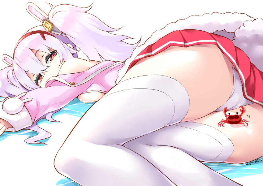 absurdres animal_ears ass azur_lane bunny_ears crab eyebrows_visible_through_hair fake_animal_ears hair_between_eyes hairband highres jacket laffey_(azur_lane) looking_at_viewer lying on_side panties pantyshot pantyshot_(lying) pink_jacket pleated_skirt red_eyes red_skirt ryuki_(ryukisukune) skirt thighhighs thighs twintails underwear white_camisole white_hair white_legwear white_panties