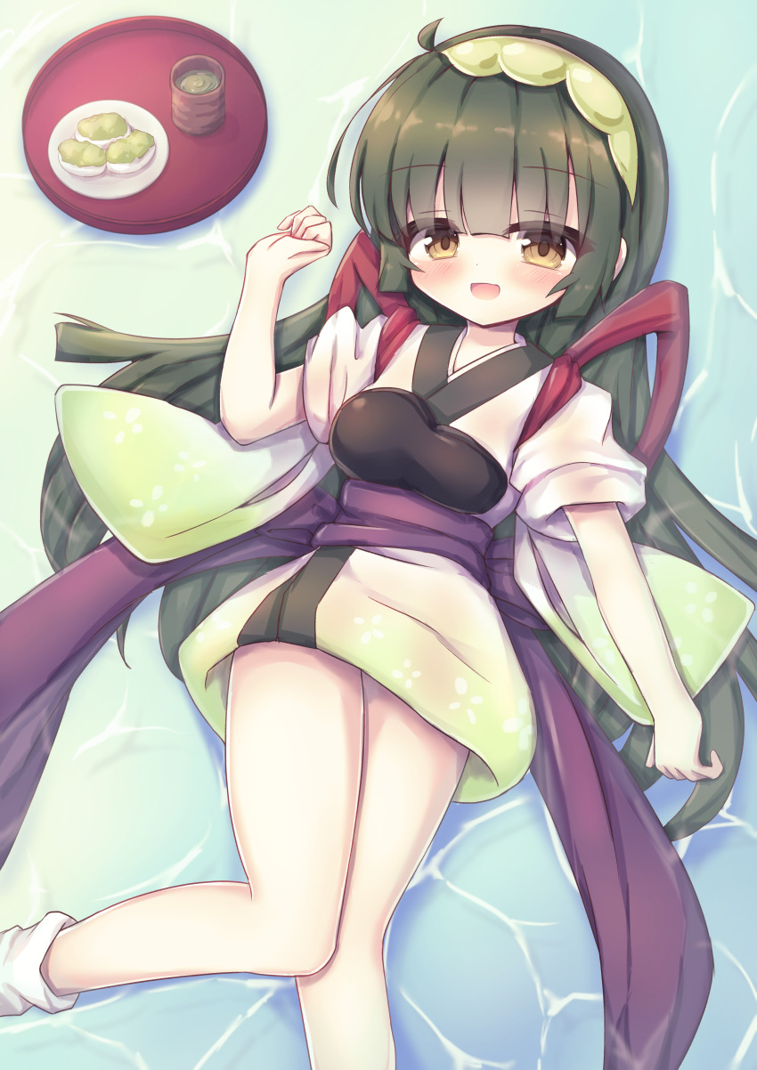 1girl :d absurdres bangs blush bow brown_eyes commentary cup eyebrows_visible_through_hair feet_out_of_frame food green_hair green_hairband hair_between_eyes hairband hand_up highres japanese_clothes kimono knees_together_feet_apart long_hair looking_at_viewer lying muneate on_back open_mouth plate purple_bow short_kimono short_sleeves smile socks solo tasuki tea touhoku_zunko tray very_long_hair voiceroid waste_(arkaura) white_kimono white_legwear yunomi