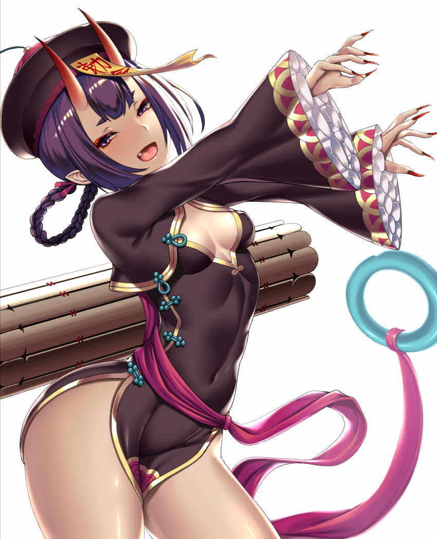1girl bangs black_dress blush braid breasts china_dress chinese_clothes cleavage_cutout covered_navel dress eyeliner fate/grand_order fate_(series) fingernails hair_rings hands_up hat heroic_spirit_festival_outfit highres horns jiangshi long_sleeves looking_at_viewer makeup ofuda oni oni_horns open_mouth outstretched_arms peacock_feathers pelvic_curtain pointy_ears purple_eyes purple_hair qing_guanmao sash sharp_fingernails short_eyebrows short_hair shuten_douji_(fate/grand_order) side_slit simple_background skin-covered_horns small_breasts smile solo takanashi-a white_background wide_sleeves zombie_pose