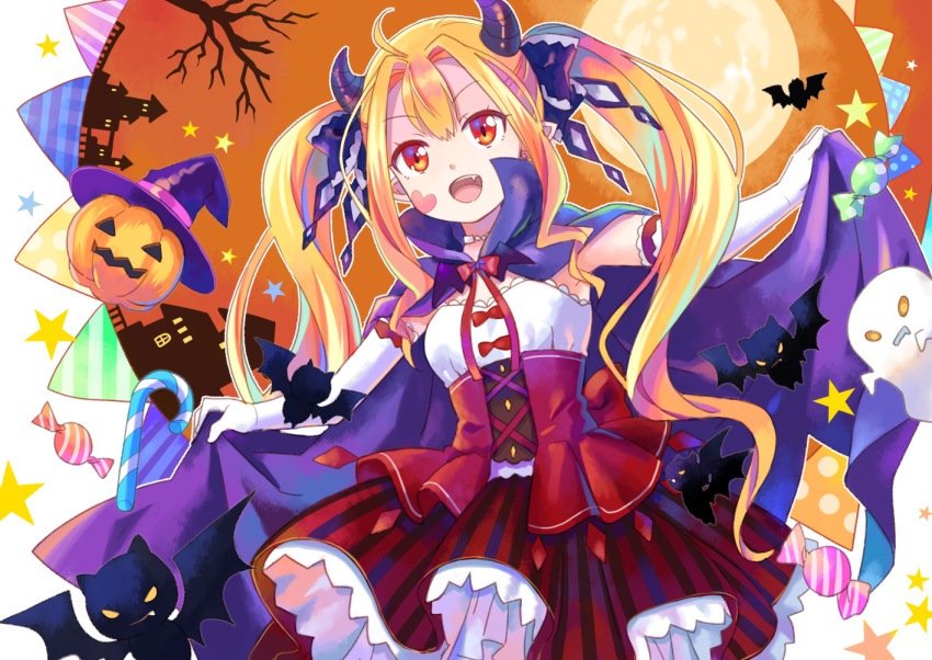 1girl :d ahoge armpits bangs bat black_bow blonde_hair bow candy candy_cane cape commentary_request cowboy_shot demon_girl demon_horns earrings elbow_gloves facial_mark fang food full_body ghost gloves hair_bow hat heart high-waist_skirt horns jack-o'-lantern jewelry long_hair looking_at_viewer looking_back open_mouth orange_sky original pennant pointy_ears pumpkin purple_cape purple_headwear red_eyes red_skirt shati sidelocks skirt sky smile solo striped twintails vertical-striped_skirt vertical_stripes very_long_hair wavy_hair white_gloves witch_hat