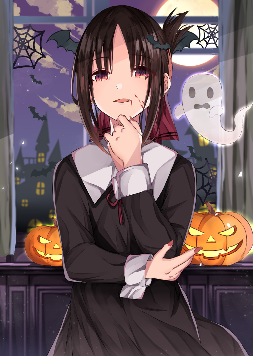 1girl absurdres bangs bat bat_hair_ornament black_dress blood blood_on_face brown_hair castle cowboy_shot dress eyebrows_visible_through_hair fang fingernails folded_ponytail full_moon ghost hair_ornament halloween highres jack-o'-lantern kaguya-sama_wa_kokurasetai_~tensai-tachi_no_renai_zunousen~ long_fingernails long_sleeves moon nail_polish night night_sky norazura parted_bangs parted_lips pink_nails pumpkin red_eyes red_ribbon ribbon shinomiya_kaguya sidelocks silk sky smile solo spider_web window