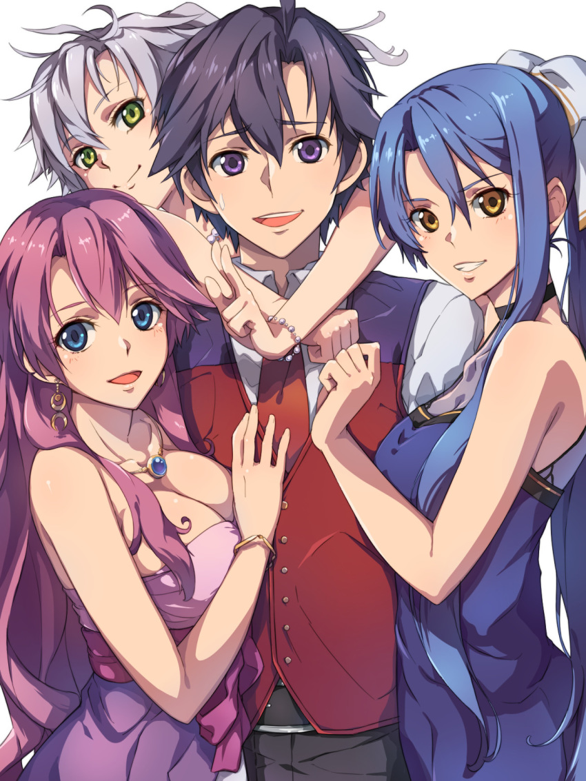 1boy 3girls belt black_hair blue_dress blue_eyes blue_hair bow bracelet breasts brown_eyes chiharu_(9654784) cleavage collarbone collared_shirt cowboy_shot dress earrings eiyuu_densetsu emma_millstein eyebrows_visible_through_hair fie_claussell girl_sandwich green_hair grin hair_between_eyes hair_bow hand_on_another's_chest highres hug hug_from_behind jewelry large_breasts laura_s._arzeid long_hair looking_at_viewer medium_breasts multiple_girls necktie no_eyewear open_mouth pants pendant ponytail purple_dress purple_eyes purple_hair rean_schwartzer red_neckwear sandwiched sen_no_kiseki sen_no_kiseki_4 shirt short_hair silver_hair simple_background sleeveless sleeveless_dress smile sweatdrop v vest white_background white_shirt