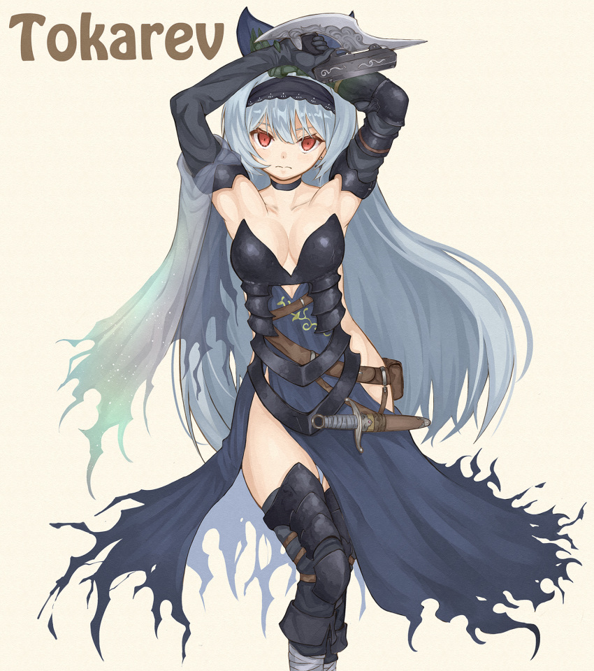 1girl armor armpits arms_up beige_background belt belt_pouch blue_bow blue_dress blue_hair boots bow breasts character_name cleavage closed_mouth commentary_request contrapposto dagger dress elbow_gloves filigree gauntlets girls_frontline gloves gun hair_bow handgun highres hip_focus knee_boots labyrinth_of_the_dark lace-trimmed_hairband long_hair looking_at_viewer no_panties numazume pouch red_eyes sheath simple_background solo thighhighs tokarev_(girls_frontline) torn_clothes torn_dress torn_veil trigger_discipline vambraces veil very_long_hair weapon