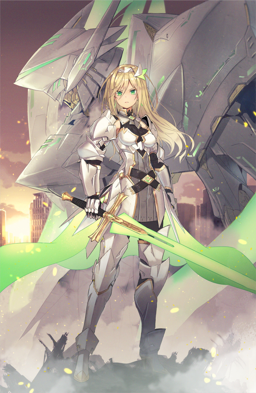 &gt;:( 1girl absurdres armor armored_boots armored_dress armpit_cutout arms_at_sides backlighting belt blonde_hair blush boots breasts building closed_mouth commentary_request dress earrings eyebrows_visible_through_hair full_body gauntlets green_eyes hair_between_eyes hairband highres holding holding_sword holding_weapon huge_filesize isegawa_yasutaka jewelry long_hair looking_at_viewer mecha medium_breasts original outdoors pauldrons serious shoulder_armor solo standing sunlight sword thigh_boots thighhighs waist_cape weapon white_dress white_hairband