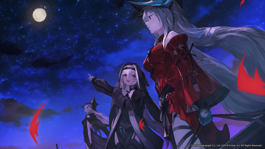 3girls :d aqua_gloves aqua_headwear arknights artist_request black_coat black_dress black_gloves black_headwear black_legwear blue_sky breasts coat company_name detached_sleeves dress fish full_moon garter_straps gladiia_(arknights) gloves grey_hair hand_on_own_cheek hand_on_own_face hat headgear highres holding long_hair long_sleeves looking_at_viewer medium_breasts moon multiple_girls navel night night_sky nun official_art official_wallpaper outdoors pelvic_curtain pointing profile red_dress red_eyes red_sleeves skadi_(arknights) skadi_the_corrupting_heart_(arknights) sky smile specter_(arknights) thighhighs very_long_hair watermark