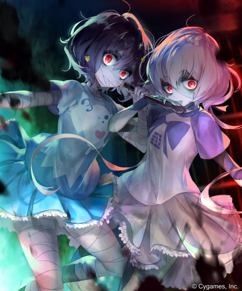 2girls bandaged_arm bandaged_head bandaged_leg bandages black_hair blue_skirt flower grey_skirt hair_flower hair_ornament highres holding holding_microphone irua konno_junko locked_arms looking_at_viewer microphone mizuno_ai multiple_girls red_eyes short_hair_with_long_locks silver_hair skirt stitches twintails zombie zombie_land_saga