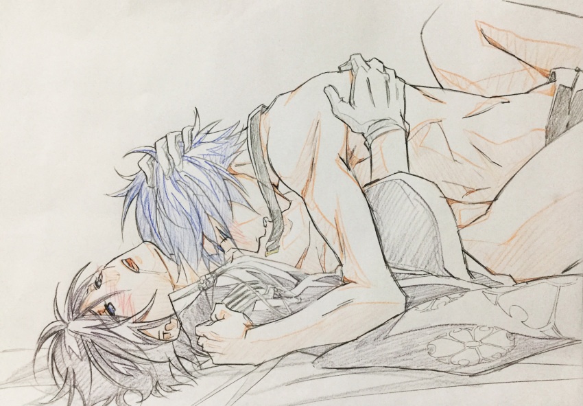 2boys black_choker blue_hair blush choker closed_eyes color_trace colored_eyelashes colored_pencil_(medium) dual_persona gloves guilty_(module) hand_in_hair highres kaito male_focus missionary multiple_boys open_mouth partially_colored rei-no-sakura_sousetsu_(module) selfcest sex shirtless torogao traditional_media vocaloid white_gloves yaoi yuki_(tarojamg)