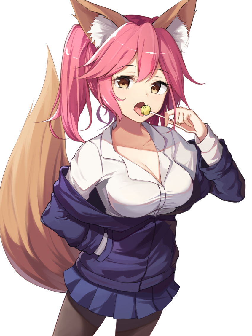 1girl absurdres animal_ear_fluff animal_ears black_legwear blazer blouse breasts candy cleavage collarbone eyebrows_visible_through_hair fate/extra fate/grand_order fate_(series) food food_in_mouth fox_ears fox_girl fox_tail highres holding holding_food holding_lollipop jacket large_breasts lollipop long_hair looking_at_viewer pink_hair simple_background skirt solo tail tamamo_(fate)_(all) tamamo_no_mae_(fate) tongue tongue_out twintails white_background yellow_eyes z_loader