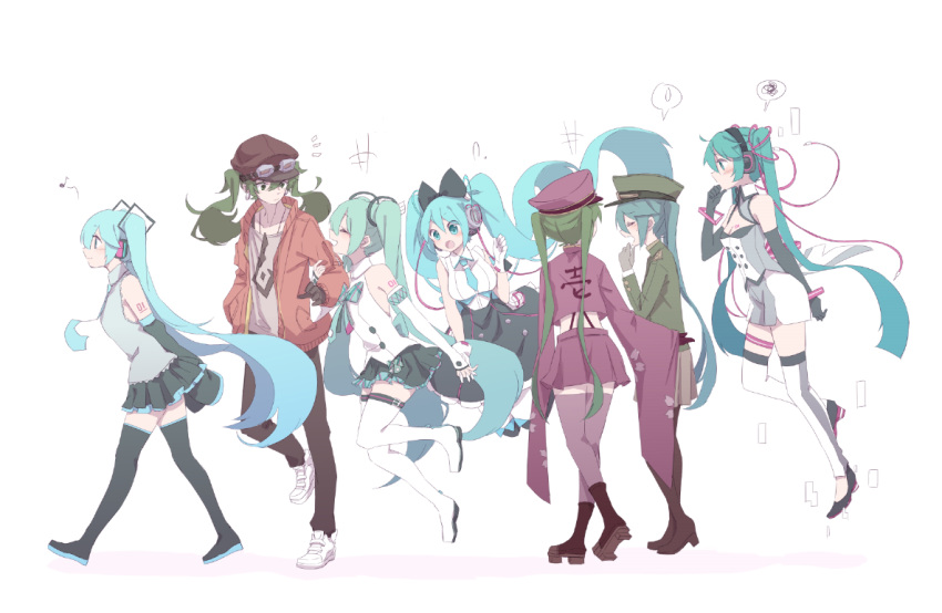 /\/\/\ 6+girls ? aqua_eyes aqua_hair aqua_neckwear arm_behind_back bare_shoulders black_bow black_gloves black_legwear black_skirt black_sleeves blue_hair boots bow cable closed_eyes commentary detached_sleeves digital_dissolve eighth_note elbow_gloves floating framed_breasts from_side get gloves goggles goggles_on_headwear green_hair grey_shirt hair_ornament hand_on_own_chin hatsune_miku headphones holding_arm jacket japanese_clothes long_hair looking_at_another magical_mirai_(vocaloid) multiple_girls multiple_persona music musical_note necktie nejikyuu nijigen_dream_fever_(vocaloid) open_mouth pantyhose senbon-zakura_(vocaloid) shirt short_shorts shorts shoulder_tattoo singing skirt sleeveless sleeveless_shirt smile songover spoken_musical_note spoken_squiggle spoken_sweatdrop squiggle suna_no_wakusei_(vocaloid) suspender_skirt suspenders sweatdrop tattoo thigh_boots thighhighs twintails very_long_hair vocaloid walking white_legwear white_shirt wide_sleeves zettai_ryouiki