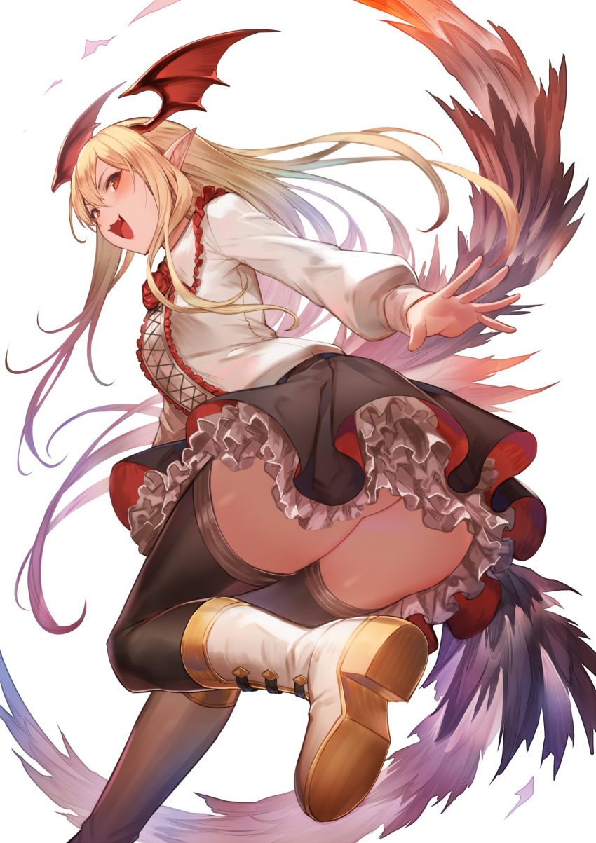 1girl ass bangs bat_wings black_legwear black_skirt blonde_hair blush boots breasts collared_shirt fang frilled_skirt frills granblue_fantasy hair_between_eyes head_wings highres kakage knee_boots long_hair long_sleeves looking_at_viewer open_mouth pointy_ears red_eyes shirt simple_background skirt small_breasts smile solo thighhighs vampy white_background white_footwear white_shirt wings