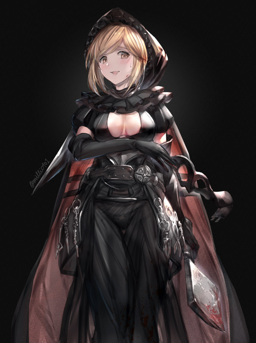 1girl black_background black_cape black_gloves black_panties black_pants blood blood_on_face blush breasts brown_eyes brown_hair cape cleavage cleavage_cutout commentary_request djeeta_(granblue_fantasy) elbow_gloves gloves granblue_fantasy highres holding holding_mask hood hood_up looking_at_viewer mask mask_removed medium_breasts milli_little multicolored multicolored_cape multicolored_clothes open_mouth panties pants puffy_short_sleeves puffy_sleeves red_cape see-through short_sleeves solo sweat twitter_username underwear