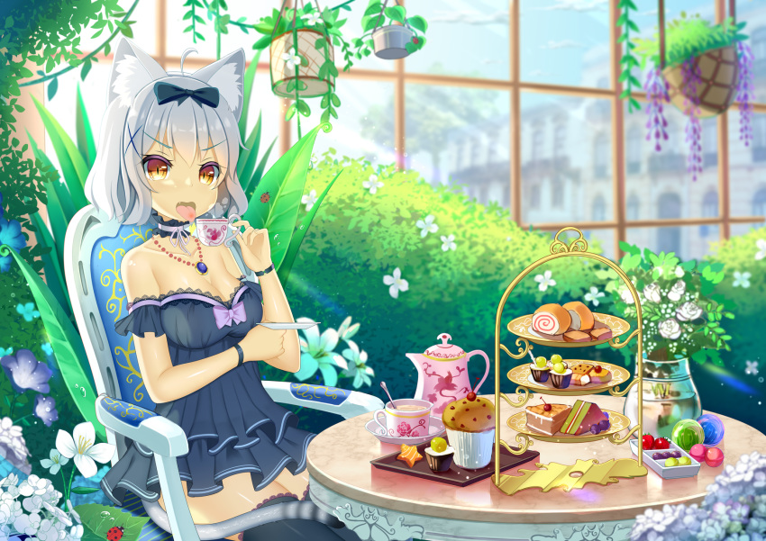 1girl ahoge animal_ears bangs black_legwear blurry blurry_background bow bracelet breasts cake cake_stand cat_ears cat_tail choker cleavage cup dress fang food hair_bow highres indoors jewelry long_hair medium_breasts ming_(3952862) muffin necklace original silver_hair sitting slit_pupils solo strapless strapless_dress tail teacup teapot thighhighs tongue tongue_out window yellow_eyes