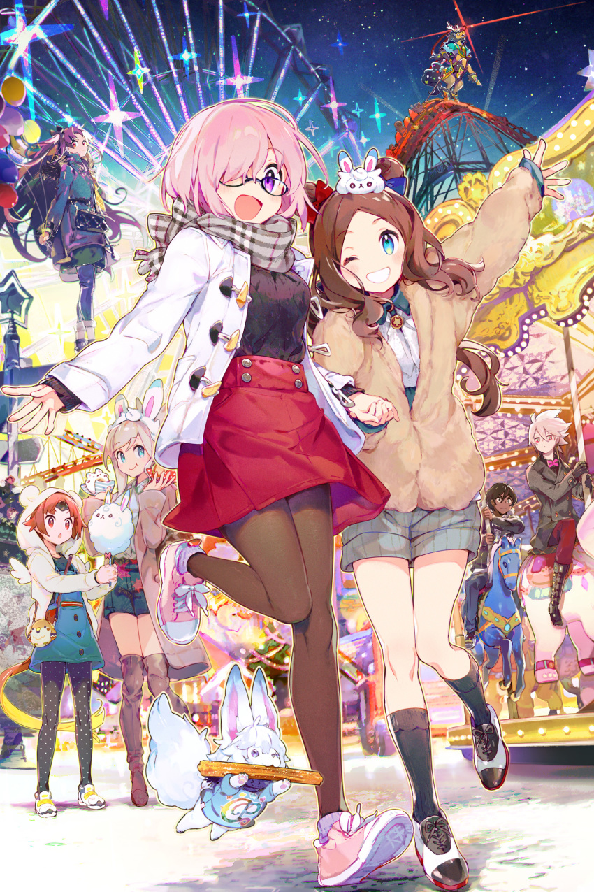 3boys 5girls absurdres animal_hood arjuna_(fate/grand_order) bag balloon benienma_(fate/grand_order) boots carousel casual churro coat cotton_candy dark_skin dark_skinned_male eating fate/grand_order fate_(series) ferris_wheel food fou_(fate/grand_order) glasses hamburger handbag highres hood ishtar_(fate/grand_order) karna_(fate) leonardo_da_vinci_(fate/grand_order) leonardo_da_vinci_(rider)_(fate) mash_kyrielight miyamoto_musashi_(fate/grand_order) multiple_boys multiple_girls namie-kun night night_sky official_art one_eye_closed pantyhose red_hare_(fate/grand_order) roller_coaster scarf shoes shorts skirt sky sneakers thigh_boots thighhighs winter_clothes winter_coat