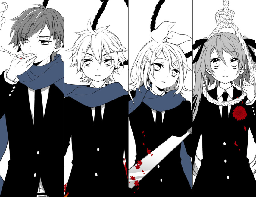 2boys 2girls 59_(seventhstar) black_neckwear cigarette commentary_request formal hair_ornament hairclip hatsune_miku holding holding_cigarette kagamine_len kagamine_rin kaito looking_away looking_up multiple_boys multiple_girls necktie noose rope sawblade smoke smoking spot_color suit twintails vocaloid