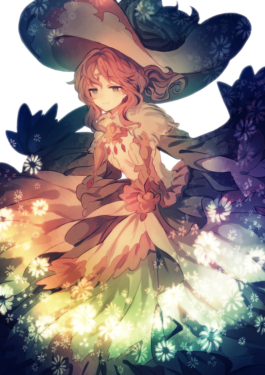 1girl closed_mouth dress floral_print granblue_fantasy hat highres lennah long_dress long_hair long_sleeves looking_to_the_side red_hair simple_background solo white_background wiriam07