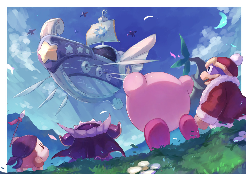 absurdres aircraft airship arms_up banana bandana_waddle_dee beak cape flower food from_behind from_below fruit fur_coat fur_trim grass highres king_dedede kirby kirby's_return_to_dream_land kirby_(series) landia looking_up lor_starcutter meta_knight mountainous_horizon polearm sail shiburingaru shoulder_armor smile spear standing tree weapon