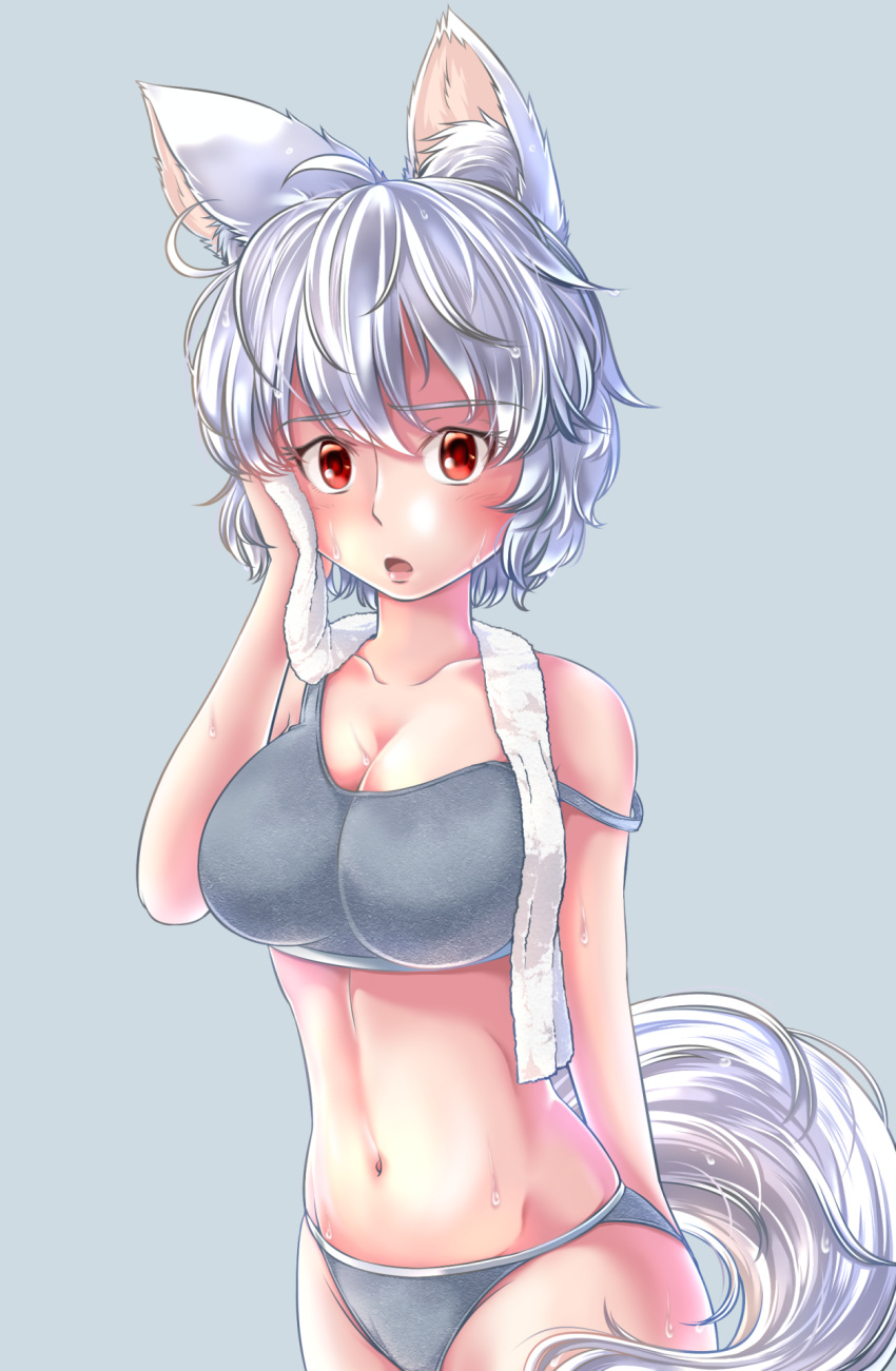 1girl ahoge animal_ears bra breasts cleavage collarbone commentary commentary_request eyebrows_visible_through_hair grey_background grey_panties highres inubashiri_momiji kouno_ibuki large_breasts looking_at_viewer midriff navel open_mouth panties red_eyes short_hair silver_hair simple_background solo sports_bra sweat tail touhou underwear underwear_only wolf_ears wolf_tail