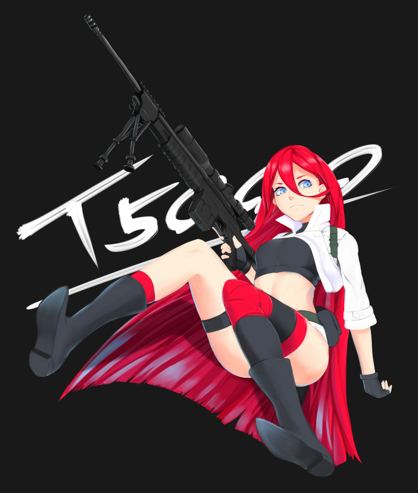 1girl absurdres ass belt bipod black_background black_footwear black_gloves blue_eyes boots breasts character_name closed_mouth crop_top dyun fingerless_gloves floating floating_hair frown full_body girls_frontline gloves gun hair_between_eyes highres jacket knee_boots kneehighs load_bearing_equipment long_hair looking_afar midriff open_clothes open_jacket orsis_t-5000 pouch red_hair red_legwear rifle scope short_shorts shorts simple_background single_kneehigh single_thighhigh sniper_rifle solo t-5000_(girls_frontline) thigh_strap thighhighs thighs trigger_discipline turtleneck very_long_hair weapon white_jacket white_shorts white_text