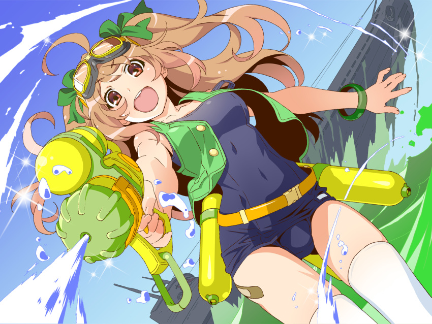 1girl ahoge belt boat bow bracelet brown_eyes brown_hair dutch_angle firing goggles goggles_on_head green_bow hair_bow highres jewelry long_hair looking_at_viewer midori-chan_(myslot) myslot open_mouth outdoors pointing pointing_at_viewer school_swimsuit sky smile solo sparkle standing swimsuit thighhighs twintails vest watanabe_akio water water_gun watercraft white_legwear