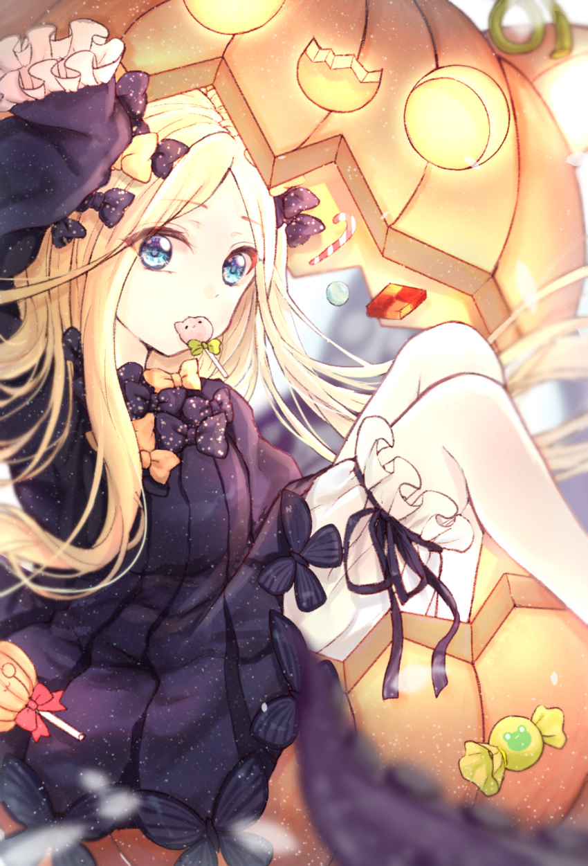 1girl abigail_williams_(fate/grand_order) arm_up bangs black_bow black_dress blonde_hair bloomers blue_eyes blurry blurry_background blurry_foreground bow bug butterfly candy candy_cane chingo_(pixiv8584617) commentary depth_of_field dress english_commentary fate/grand_order fate_(series) food food_in_mouth green_bow hair_bow highres insect jack-o'-lantern lollipop long_hair long_sleeves mouth_hold orange_bow parted_bangs polka_dot polka_dot_bow sleeves_past_fingers sleeves_past_wrists solo tentacles underwear very_long_hair white_bloomers