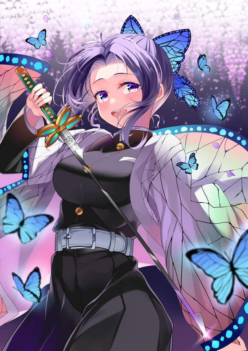 1girl absurdres animal_print bangs belt black_pants blue_butterfly breasts bug butterfly butterfly_hair_ornament butterfly_print coat cowboy_shot flower hair_ornament haori highres insect japanese_clothes katana kimetsu_no_yaiba kochou_shinobu large_breasts long_sleeves looking_at_viewer open_mouth pants parted_bangs petals piyopoyo purple_eyes purple_hair short_hair smile solo sword uniform weapon wide_sleeves wisteria